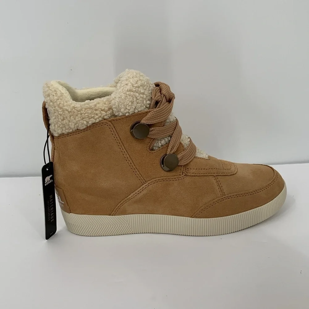 Sorel Out n About Cozy hidden wedge boot suede hiking shearling winter tan new 8